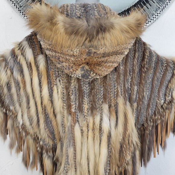 ALBERTO MAKALI~VINTAGE BROWN GENUINE FOX FUR REAL RABBIT HOODED PONCHO CAPE COAT - Picture 3 of 16